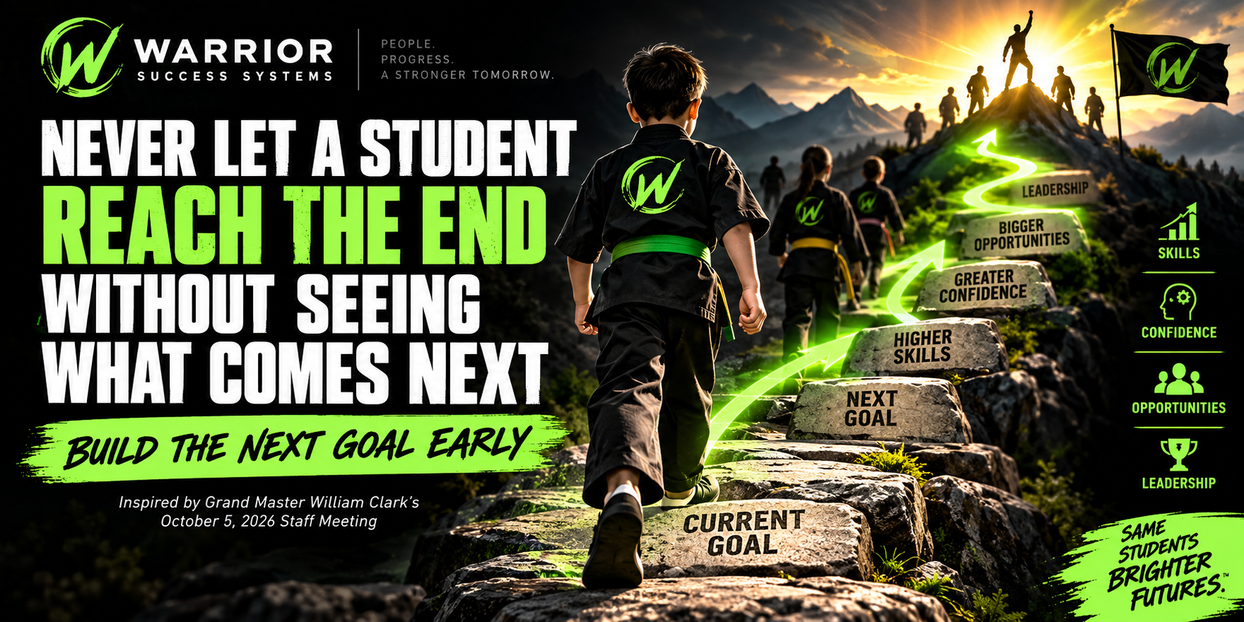 kids climbing stairs on a mountain in black martial arts uniforms